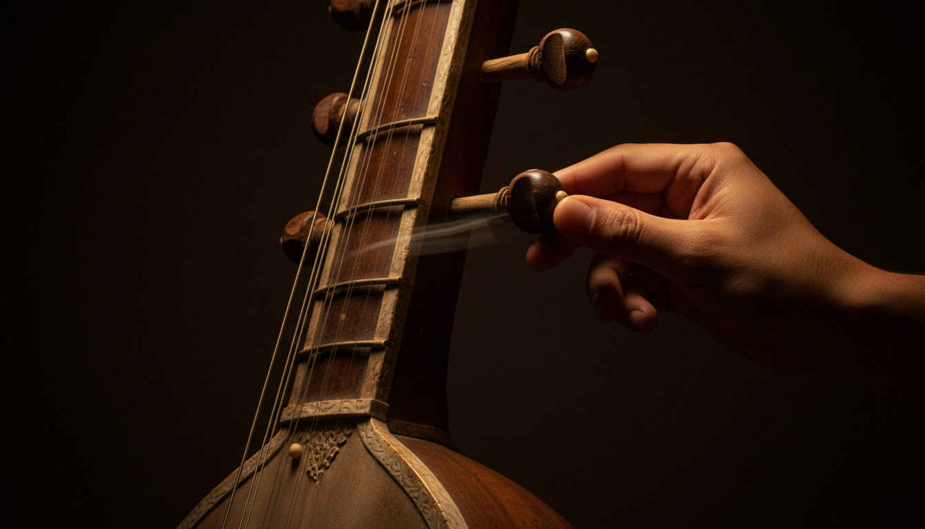 Close-up of an old sitar in warm light against a dark background. Its wood is worn from decades of use. A hand gently turns one of its carved wooden tuning pegs while the long metal strings catch the light.